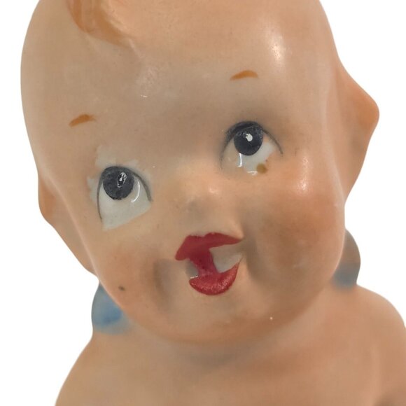 Vintage Kewpie Doll Figurine Bisque Baby Blue Wings Sitting Ceramic Figure 3 in - Picture 2 of 8